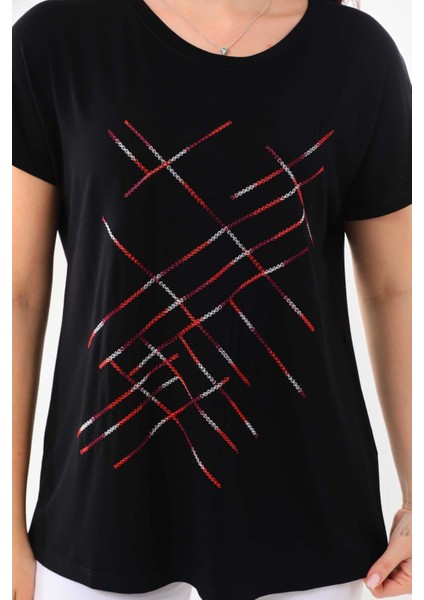 Kadın Çizgi Desenli Kısa Kol Bluz 23166 Siyah fırsatları