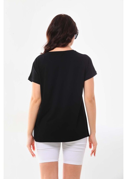 Kadın Çizgi Desenli Kısa Kol Bluz 23166 Siyah indirimleri