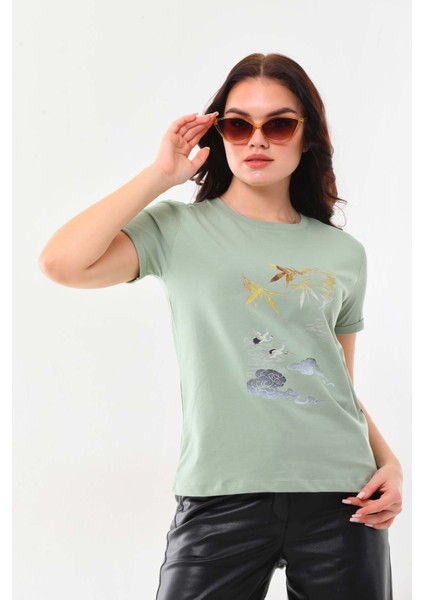 Kadın Desenli Bisiklet Yaka Kısa Kol Pamuklu Bluz 23056 Çağla