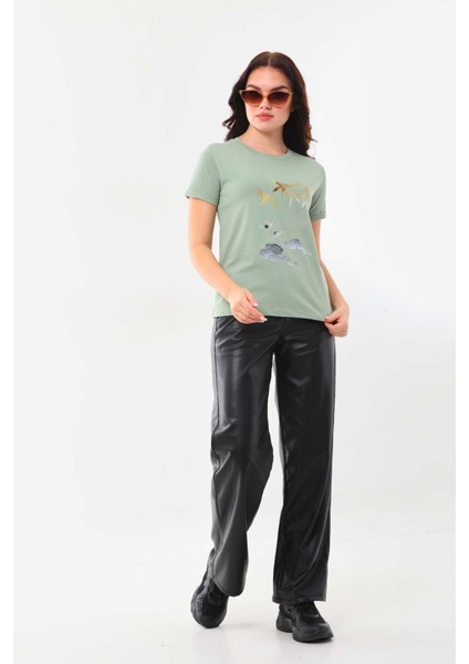 Kadın Desenli Bisiklet Yaka Kısa Kol Pamuklu Bluz 23056 Çağla fiyatları