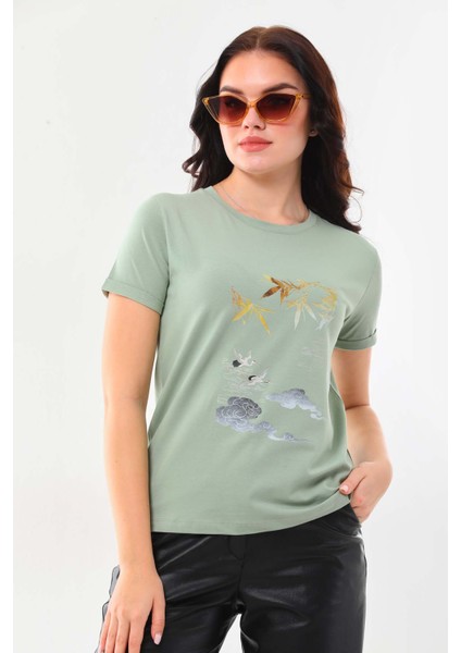 Kadın Desenli Bisiklet Yaka Kısa Kol Pamuklu Bluz 23056 Çağla modelleri