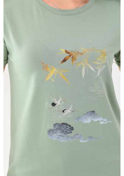 Kadın Desenli Bisiklet Yaka Kısa Kol Pamuklu Bluz 23056 Çağla fırsatları