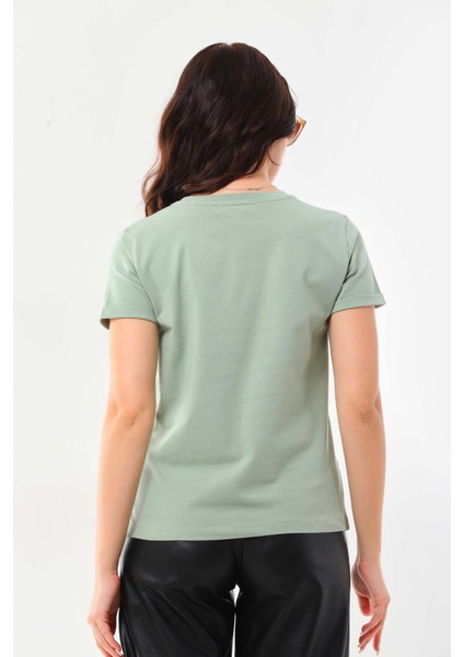 Kadın Desenli Bisiklet Yaka Kısa Kol Pamuklu Bluz 23056 Çağla indirimleri