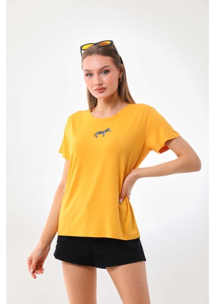 Kadın Zebra Desenli Kısa Kol Bluz 23118 Sarı