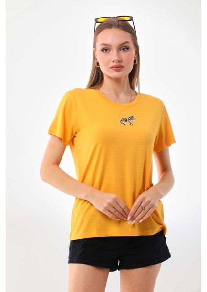 Kadın Zebra Desenli Kısa Kol Bluz 23118 Sarı modelleri