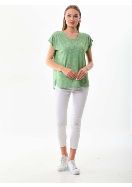 Kadın Desenli V Yaka Kısa Kol Bluz 23126 Çağla fiyatları