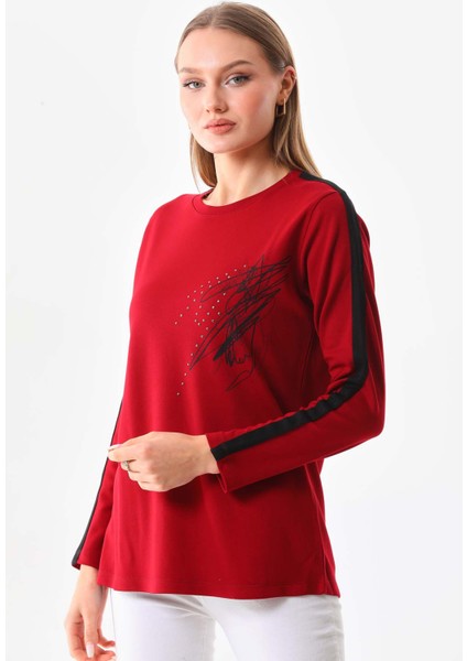 Kadın Desenli Bisiklet Yaka Uzun Kol Bluz 22689 Bordo