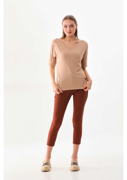 Kadın Bisiklet Yaka Kısa Kol Bluz 23009 Camel fiyatları