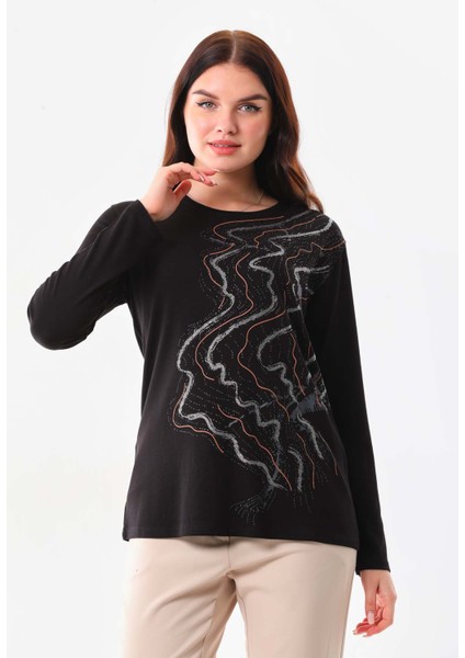 Kadın Desenli Bisiklet Yaka Uzun Kollu Bluz 23636 Siyah