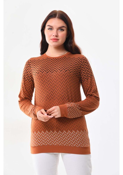 Kadın Desenli Bisiklet Yaka Uzun Kol Bluz 23597 Camel