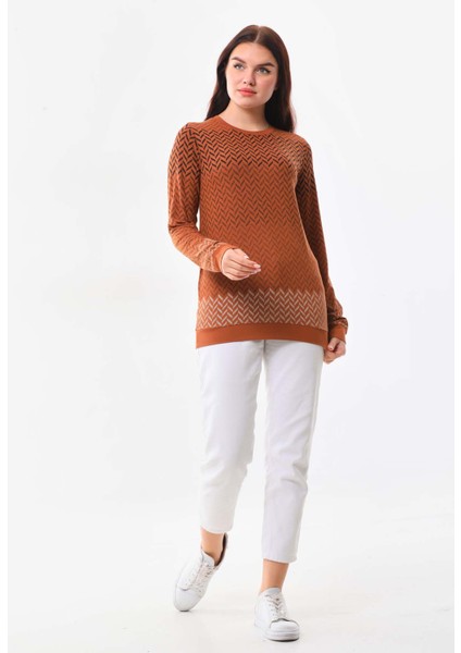 Kadın Desenli Bisiklet Yaka Uzun Kol Bluz 23597 Camel fiyatları