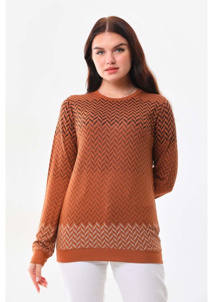 Kadın Desenli Bisiklet Yaka Uzun Kol Bluz 23597 Camel modelleri
