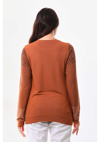 Kadın Desenli Bisiklet Yaka Uzun Kol Bluz 23597 Camel indirimleri