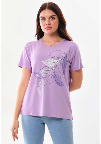 Kadın Desenli Kısa Kol Bluz 23143 Lila