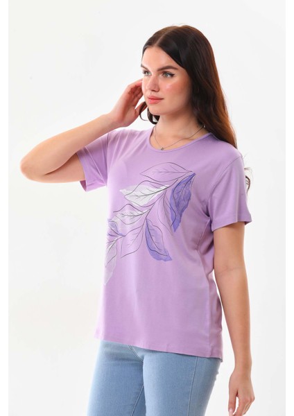 Kadın Desenli Kısa Kol Bluz 23143 Lila modelleri