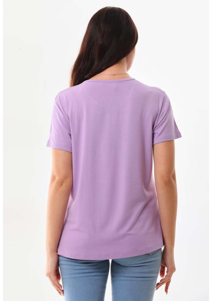 Kadın Desenli Kısa Kol Bluz 23143 Lila fırsatları