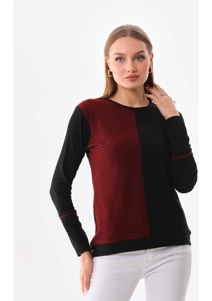 Kadın Desenli Bisiklet Yaka Uzun Kol Bluz 23619 Bordo modelleri