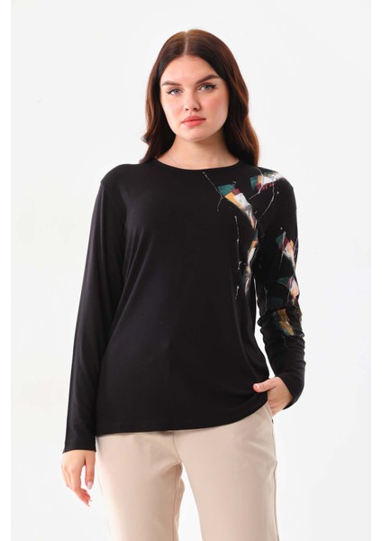 Kadın Desenli Bisiklet Yaka Uzun Kol Bluz 23598 Siyah