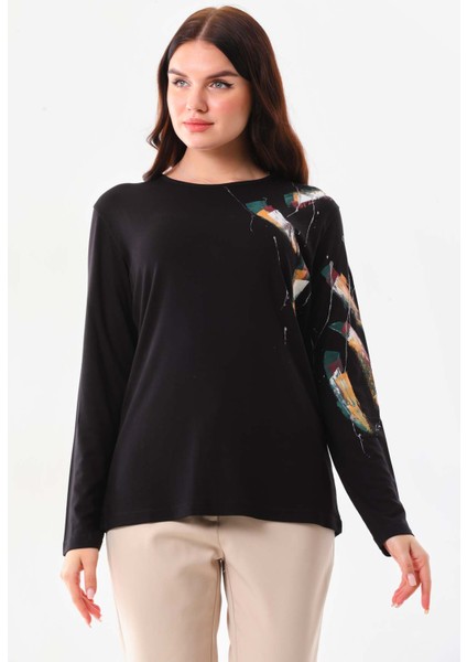 Kadın Desenli Bisiklet Yaka Uzun Kol Bluz 23598 Siyah modelleri