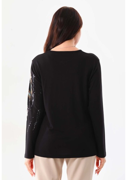 Kadın Desenli Bisiklet Yaka Uzun Kol Bluz 23598 Siyah fırsatları