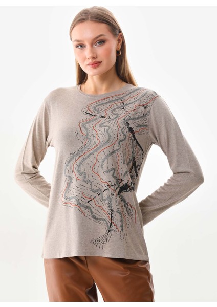 Kadın Desenli Bisiklet Yaka Uzun Kollu Bluz 23636 Keten