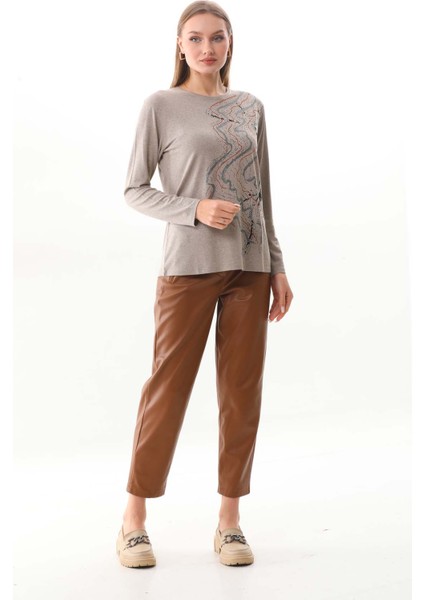 Kadın Desenli Bisiklet Yaka Uzun Kollu Bluz 23636 Keten fiyatları