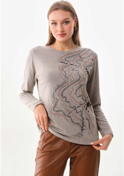 Kadın Desenli Bisiklet Yaka Uzun Kollu Bluz 23636 Keten modelleri