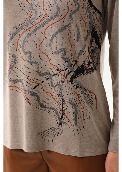 Kadın Desenli Bisiklet Yaka Uzun Kollu Bluz 23636 Keten fırsatları