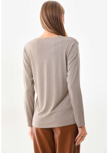 Kadın Desenli Bisiklet Yaka Uzun Kollu Bluz 23636 Keten indirimleri