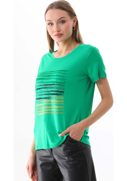 Kadın Taş Detaylı Desenli Kısa Kol Bluz 23165 Benetton