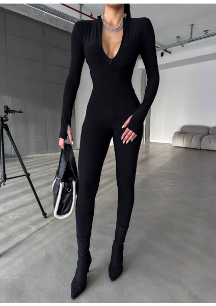 Kadın Siyah Önünde Fermuar Detay Streç Tulum modelleri