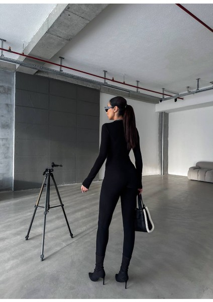 Kadın Siyah Önünde Fermuar Detay Streç Tulum indirimleri