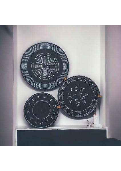 3 Lü Siyah Hasır Dekoratif Bohem Tabak Duvar Tabağı Moda Salon Duvar Dekor Handmade