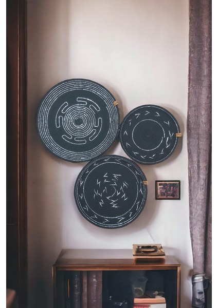 3 Lü Siyah Hasır Dekoratif Bohem Tabak Duvar Tabağı Moda Salon Duvar Dekor Handmade