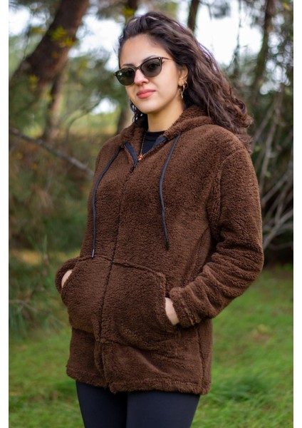 Kadın Kahve Koyu Mavi Peluş Kalın Fermuarlı Kapüşonlu Cepli Ceket 23KCKTMY50 modelleri