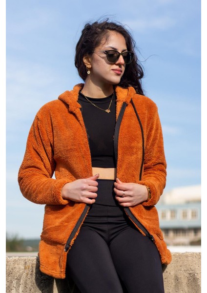 Kadın Kiremit Peluş Kalın Fermuarlı Kapüşonlu Cepli Ceket 23KCKTMY50