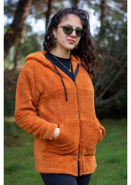 Kadın Kiremit Peluş Kalın Fermuarlı Kapüşonlu Cepli Ceket 23KCKTMY50 modelleri