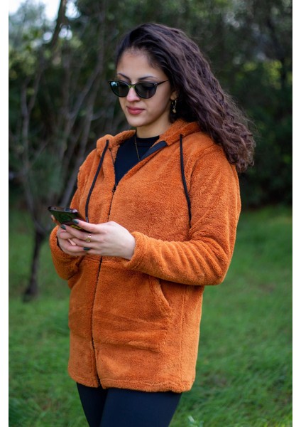 Kadın Kiremit Peluş Kalın Fermuarlı Kapüşonlu Cepli Ceket 23KCKTMY50 fırsatları