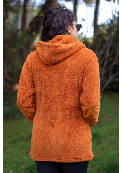 Kadın Kiremit Peluş Kalın Fermuarlı Kapüşonlu Cepli Ceket 23KCKTMY50 indirimleri