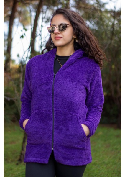 Kadın Mor Peluş Kalın Fermuarlı Kapüşonlu Cepli Ceket 23KCKTMY50 modelleri