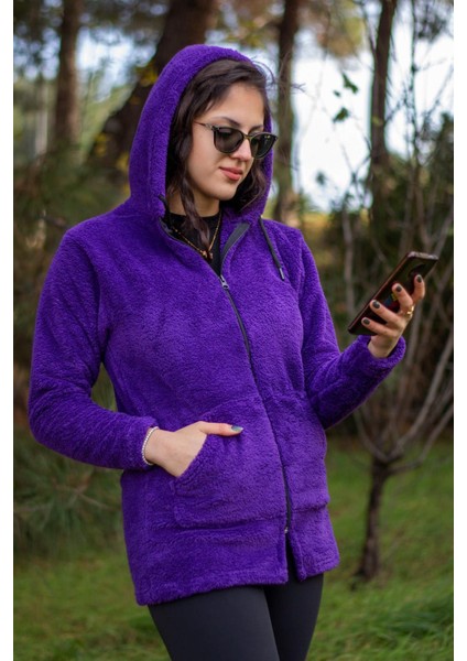 Kadın Mor Peluş Kalın Fermuarlı Kapüşonlu Cepli Ceket 23KCKTMY50 fırsatları