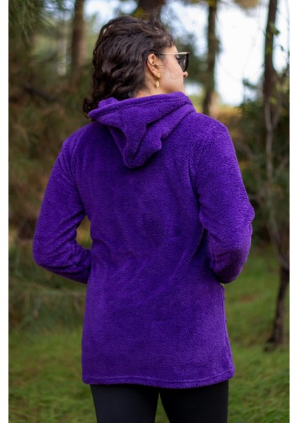Kadın Mor Peluş Kalın Fermuarlı Kapüşonlu Cepli Ceket 23KCKTMY50 indirimleri