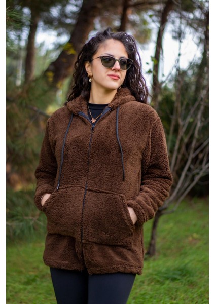 Kadın Kahve Koyu Mavi Peluş Kalın Fermuarlı Kapüşonlu Cepli Ceket 23KCKTMY50 fırsatları