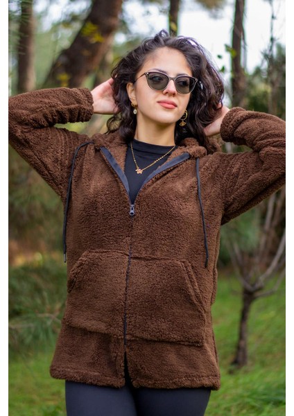 Kadın Kahve Koyu Mavi Peluş Kalın Fermuarlı Kapüşonlu Cepli Ceket 23KCKTMY50 indirimleri