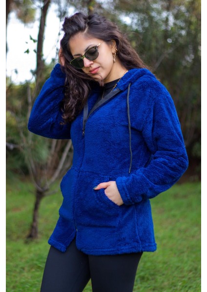 Kadın Saks Koyu Mavi Peluş Kalın Fermuarlı Kapüşonlu Cepli Ceket 23KCKTMY50