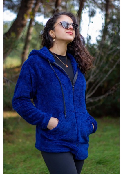 Kadın Saks Koyu Mavi Peluş Kalın Fermuarlı Kapüşonlu Cepli Ceket 23KCKTMY50 modelleri