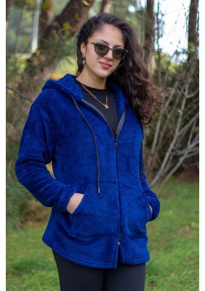 Kadın Saks Koyu Mavi Peluş Kalın Fermuarlı Kapüşonlu Cepli Ceket 23KCKTMY50 fırsatları