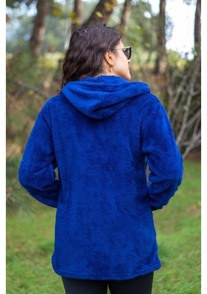 Kadın Saks Koyu Mavi Peluş Kalın Fermuarlı Kapüşonlu Cepli Ceket 23KCKTMY50 indirimleri