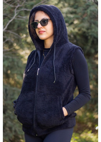 Kadın Siyah Peluş Yumoş Fermuarlı Kapüşonlu Yelek 22KYLKPELO modelleri