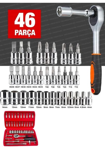 58 Parça 46MINI Lokma Takımı Otomatik Cırcırlı 1/4" 12 Parça Kombine Açık Ağız-Yıldız Anahtar Takım